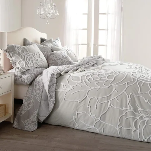 Vista 4 de Peri Home Juego de funda de edredón y funda de almohada de 3 piezas, 100% algodón, tamaño matrimonial/queen, color gris chenilla rosa
