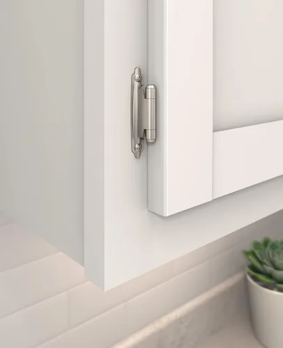 Vista 2 de Amerock Bisagra para gabinete Inserción de 3/8 pulgadas (10 mm) Níquel satinado 2 unidades Cierre automático Montaje frontal Puerta
