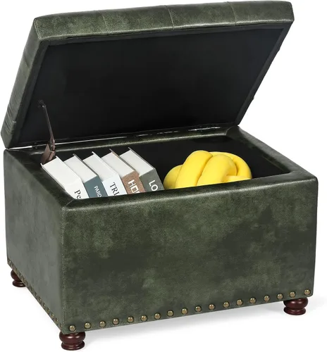 Vista 4 de Adeco Banco otomano de almacenamiento moderno de 24 pulgadas, reposapiés rectangular tapizado de piel sintética para sala de estar y dormitorio