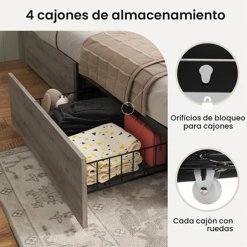 Vista 6 de AOGLLATI - Base de cama de tamaño matrimonial estilo granja con 4 cajones de almacenamiento y estación de carga, base de cama completa de madera