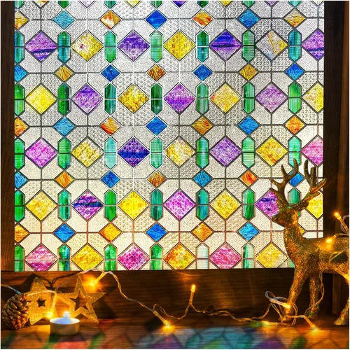 Vista 13 de Lámina de privacidad para ventana Windimiley con diseño de vidrio manchado: adhesivo estático decorativo floral 3D arcoíris con control de calor