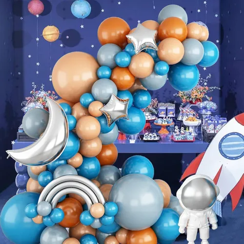Vista 6 de Kit de arco de globos azules y naranjas, kit de guirnalda de arco de globos espaciales con globos plateados metálicos, globos de látex azul marino