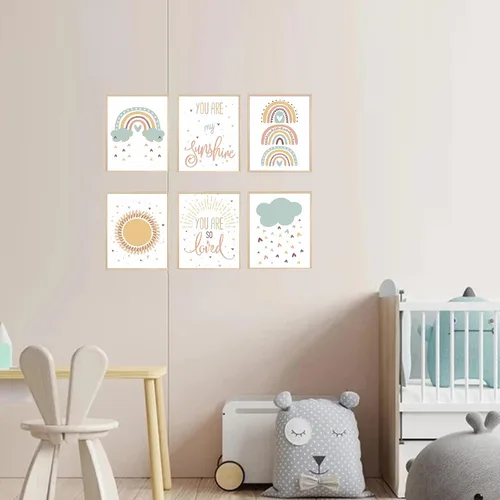 Vista 4 de LLOSEUP Juego de 6 impresiones artísticas de pared boho para cuarto de bebé, diseño de arco iris, corazón, lluvia, eres mi sol, inspirador