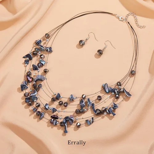 Vista 2 de Collar de cuentas de concha bohemia de varias capas para mujer, hebra de cristal colorida con cuentas plateadas, collares y aretes, disfraces