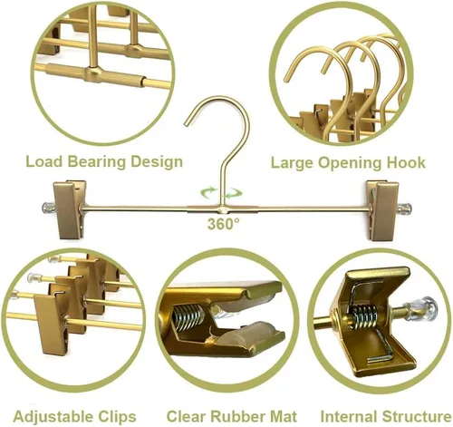 Vista 3 de Percha para pantalones, perchas de aluminio dorado para faldas, 2 clips ajustables, perchas de ropa resistentes que ahorran espacio, percha duradera