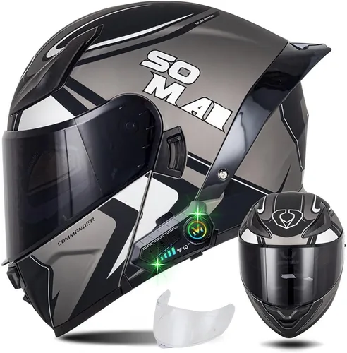 Vista 16 de Casco modular de motocicleta con Bluetooth, casco de motocicleta abatible de cara completa para hombres y mujeres con visera tintada y transparente