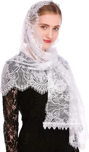 Vista 4 de PAMOR Velo de capilla rectangular de encaje español velos florales de Mantilla envolvente chal de masa cubierta de cabeza