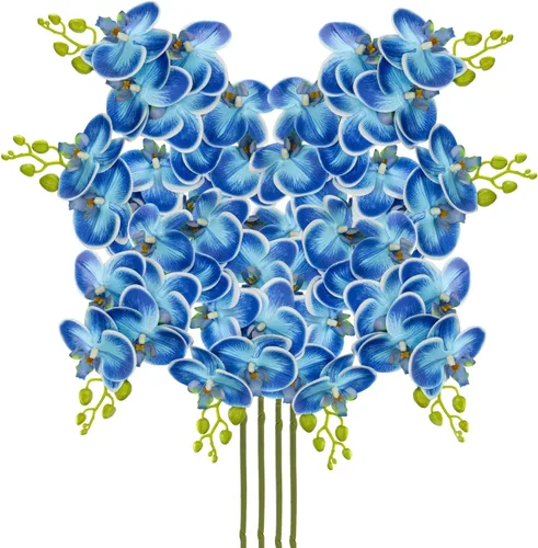 Vista 6 de Orquídeas azules de 30 pulgadas, flores artificiales de tacto real Phalaenopsis en aerosol, tallos de orquídeas artificiales falsas, arreglo alto