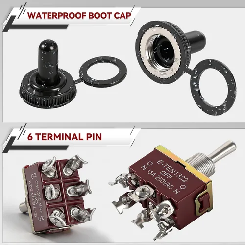 Vista 4 de 5Pack 6 Pin Waterproof Toggle Switch 3 Position ON-Off-ON 30A 12VDC/15A 250VAC Marine DPDT Toggle Switch with Weatherproof Boot Cap Cover for Car