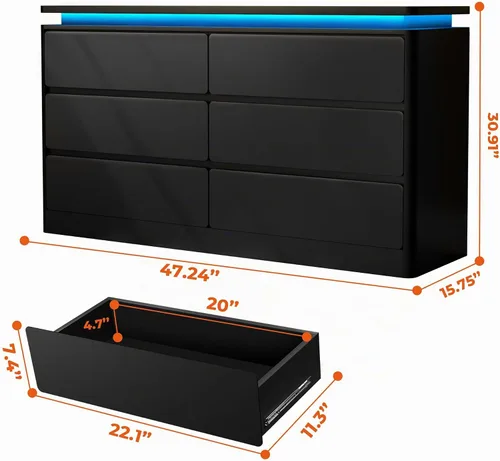 Vista 2 de Gyfimoie Cómoda Negra de 6 Cajones para Dormitorio, Cajonera Larga de 47.2" con Estación de Carga y Luces LED, Gabinete de Almacenamiento de Madera