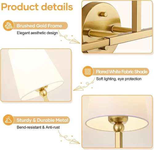 Vista 8 de MOKATNG Lámparas de baño, 3 luces doradas cepilladas, accesorios de iluminación de baño sobre espejo con pantalla de tela blanca acampanada