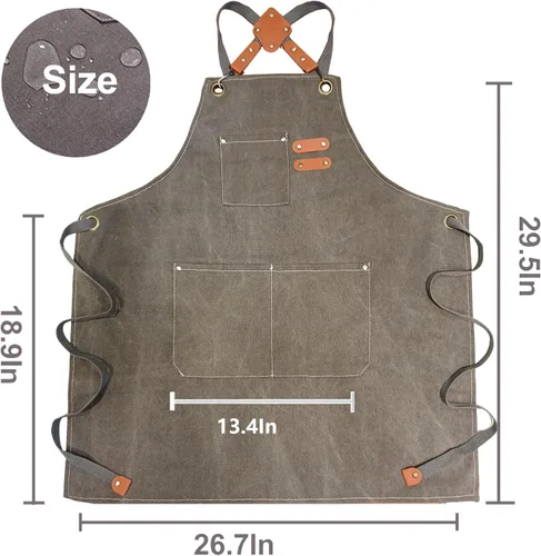 Vista 3 de Chef Aprons with Large Pockets for Women Men, Cotton Canvas Cross Back Water Repellent Work Apron with Adjustable Straps for Size M-XXL (Pink+Grey)