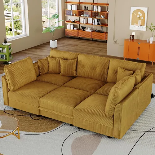 Vista 18 de LLappuil Sofá cama modular con diván de almacenamiento, sofá cama modular de pana para sala de estar, apartamento, beige
