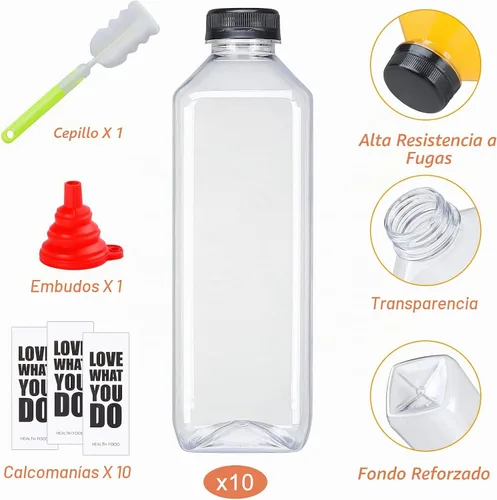 Vista 2 de Fhxtcygj 10 botellas de plástico de 33 onzas con tapas, contenedor de jugo con tapas, botellas de plástico vacías reutilizables transparentes a