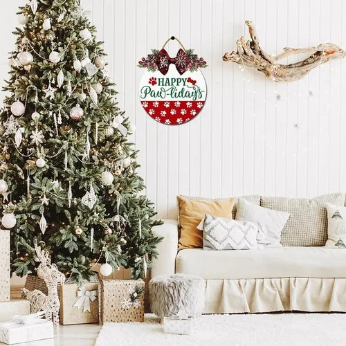 Vista 2 de Decoración de puerta de Navidad con texto en inglés «Happy Pawlidays» para puerta delantera, corona de Navidad, letrero colgante de madera rústica M1