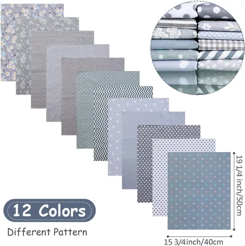 Vista 3 de Paquete de 12 piezas de tela de acolchado gris grueso floral para manualidades, hojas cuadradas de costura precortadas, 20 x 16 pulgadas/19.7 x 15.7