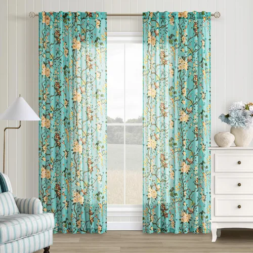 Vista 11 de Cortinas de lino de pájaro floral azul 2 paneles de 72 pulgadas de largo Aqua Blue