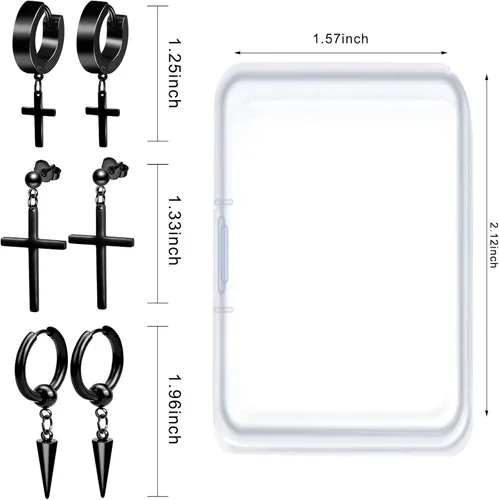 Vista 3 de ONESING Juego de 15 pares de aretes para hombre, aretes negros de acero inoxidable, aretes de cruz para hombres y mujeres, hipoalergénicos