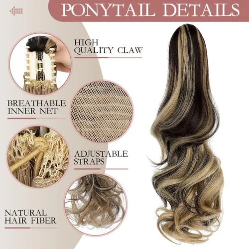 Vista 3 de Felendy Extensión de cola de caballo de 18 pulgadas, mezcla de rubio ceniza, marrón oscuro, rizado, ondulado, con clip, extensiones de cabello largo