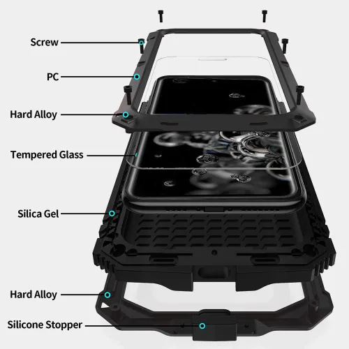 Vista 3 de Simicoo Funda de metal compatible con Samsung Note 20 Ultra con protector de pantalla militar, resistente a prueba de golpes, con soporte para Negro