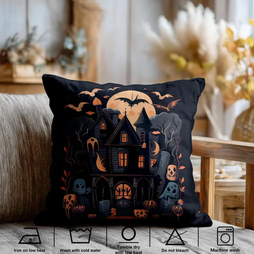 Vista 3 de Shrahala Funda de almohada decorativa de castillo oscuro de Halloween, casa con murciélagos de bruja, esqueleto, funda de almohada cuadrada mezclada
