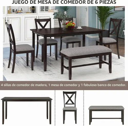 Vista 3 de Juego de mesa de comedor de 6 piezas, mesa de cocina rectangular de madera y 4 sillas de comedor con cojines y 1 banco con cojín, juego de mesa