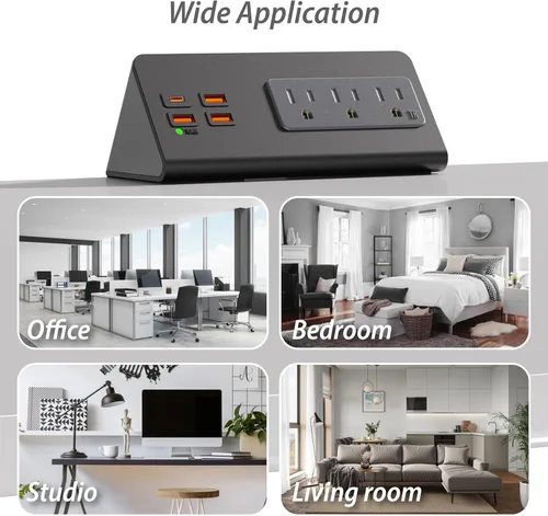 Vista 9 de Estación de Carga con Soporte de Abrazadera de Borde con Puertos USB-C, Protector contra Sobretensiones de Mesa, Enchufes de Alimentación