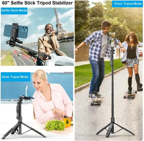 Vista 6 de Trípode de teléfono de 60 pulgadas y palo para selfie, trípode extensible todo en uno para teléfono celular, rotación de 360° con control remoto