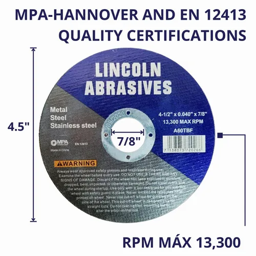 Vista 3 de Paquete de 25 ruedas de corte de 4.5" Lincoln Abrasives .040" Metal y acero inoxidable