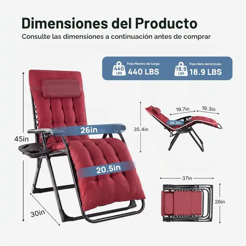 Vista 2 de DUMOS Silla de gravedad cero, silla de descanso para exteriores con Rojo