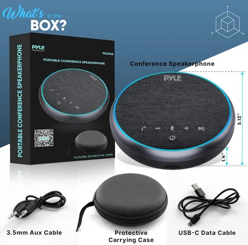 Vista 7 de Pyle Altavoz portátil para conferencias, teléfono inalámbrico multifuncional con altavoz BT con USB C y cable auxiliar, cobertura de micrófono