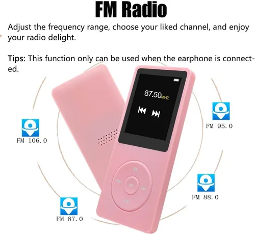 Vista 6 de Reproductor MP3 de 128 GB con Bluetooth 5.2, reproductor de música portátil rosa para niños con altavoz HD integrado, radio FM, grabadora de voz