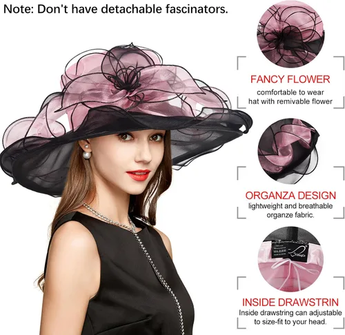 Vista 6 de 2025 Derby Hats for Women Ladies, Classy Organza Church Tea Party Wedding Kentucky Fascinator Hat UV Protection Sun Hats