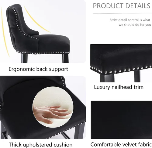 Vista 5 de Taburetes de bar tapizados de terciopelo modernos de 27 pulgadas con patas de madera, botón acolchonado, cabeza de clavo cromada, taburetes de bar