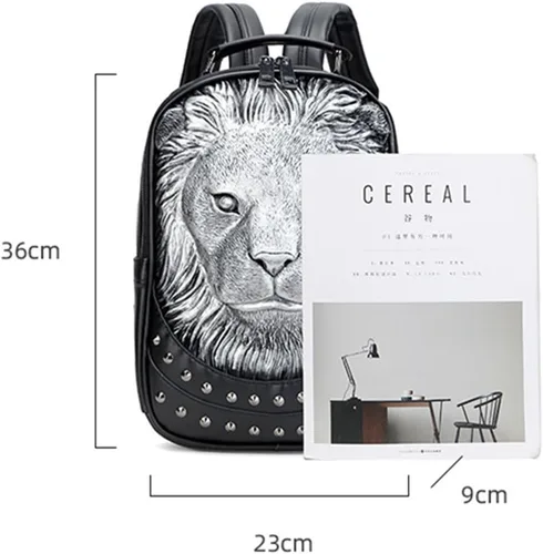 Vista 6 de Berchirly Mochilas de viaje con cabeza de león en 3D para mujer, mochila de 10.2 in-negro