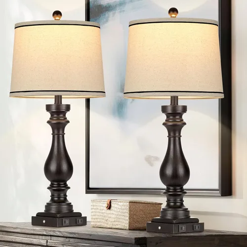 Vista 13 de Cinkeda Juego de 2 lámparas de mesa de 29 pulgadas de alto para sala de estar, lámparas vintage para mesita de noche con puertos USB C+A y salida