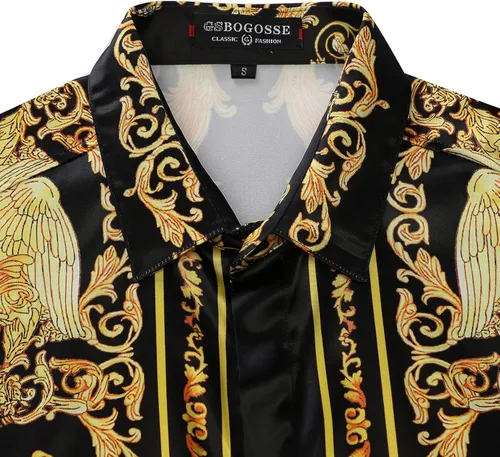 Vista 3 de Mens Luxury Brand Printed Silk Like Satin Button Down Dress Shirt for Party Prom Long Sleeve Slim Fit Floral Nightclub Shirt