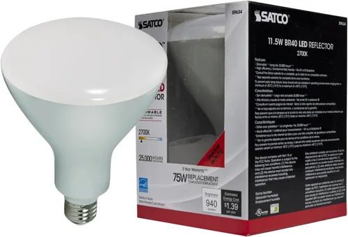 Vista 8 de Satco Bombilla LED S9634 BR40 de 11.5 W, 2700 K blanco cálido, 940 lúmenes, ángulo de haz 103, regulable, base mediana E26, paquete de 6