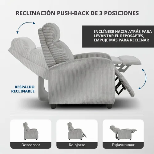 Vista 7 de Lexicon Sillón Reclinable de Pana con Respaldo Empujable Sillón Butaca Reclinable de Empuje hacia Atrás, Marco de Madera Sólida y Base de Metal Gris