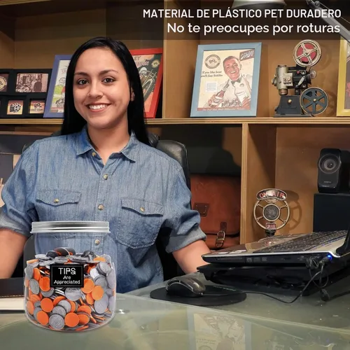 Vista 7 de Paquete de 2 monedas de plástico transparente grande con tapa ranurada plateada, monedas de plástico grandes, alcancía para cambio de dinero, tarro