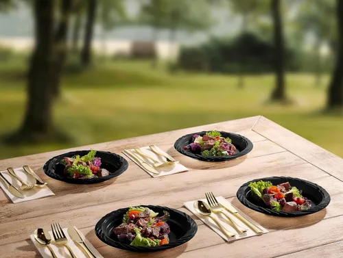 Vista 3 de Munfix Juego de 200 Platos de Plástico Negro - Paquete a Granel de 200 Platos de Cena Desechables de 9 Pulgadas para Fiestas, Barbacoas, Picnics
