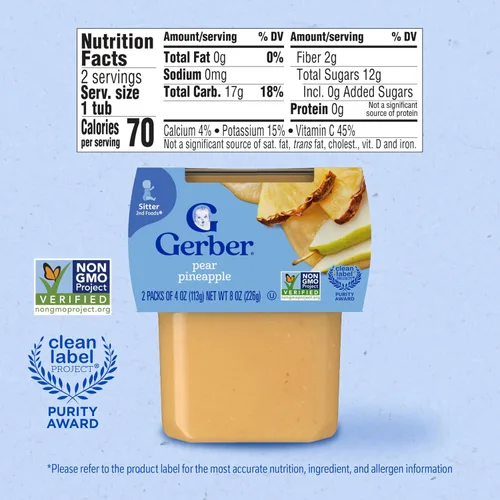 Vista 2 de Gerber Stage 2 Alimentos para bebés, tarros de puré de pera y piña, puré para bebés, 16 unidades Alimento para bebés etapa 2; tina de puré de piña