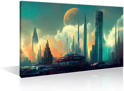 Vista 21 de 1 panel de cuadros de la ciudad de Cyberpunk, arte de pared, representación de vallas publicitarias, edificios modernos en la capital con obras