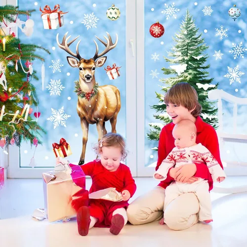Vista 6 de DIYASY Calcomanías grandes para ventana de Navidad, renos, árbol de Navidad, copos de nieve, calcomanías para el hogar, extra grandes, decoración
