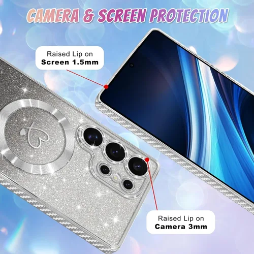 Vista 497 de Bonoma - Funda compatible con Samsung Galaxy S21 Plus, diseño de corazón con purpurina, color rosa Support for MagSafe, Plating Magnetic Case TPU