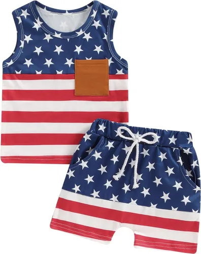 Vista 8 de Kupretty Ropa para bebé niño de 6, 12, 18, 24 meses, 2T 3T, trajes de verano, sin mangas, camiseta y pantalones cortos casuales Negro