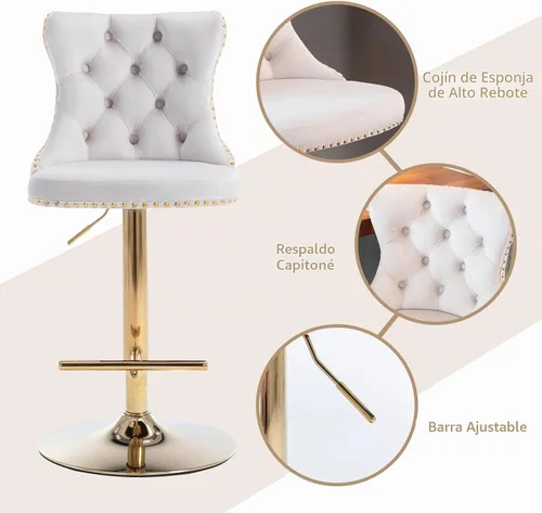 Vista 4 de Juego de 2 taburetes de bar beige, taburetes de bar tapizados ajustables con respaldo y reposapiés dorado, modernos taburetes de bar giratorios