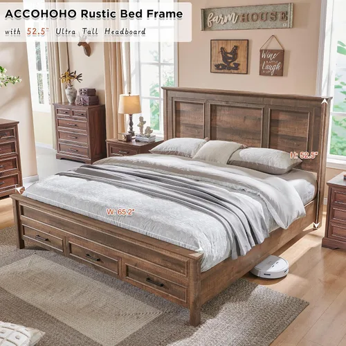 Vista 3 de ACCOHOHO Bastidor de cama Queen de estilo granja con cabecera y estribo de panel completo de 52" de alto, estructura de cama Queen con cajones