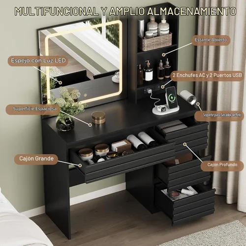 Vista 3 de Escritorio de maquillaje con luces, tocador estriado con 4 cajones, estantes abiertos, toma de corriente, espejo iluminado LED, 3 modos