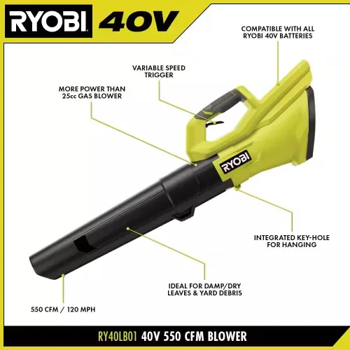 Vista 4 de RYOBI 40V 120 MPH 550 CFM batería inalámbrica soplador hoja herramienta sólo RY40LB01B